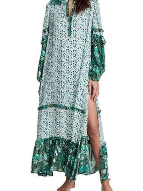 NWOT Green Floral Tiered Maxi Boho Dress